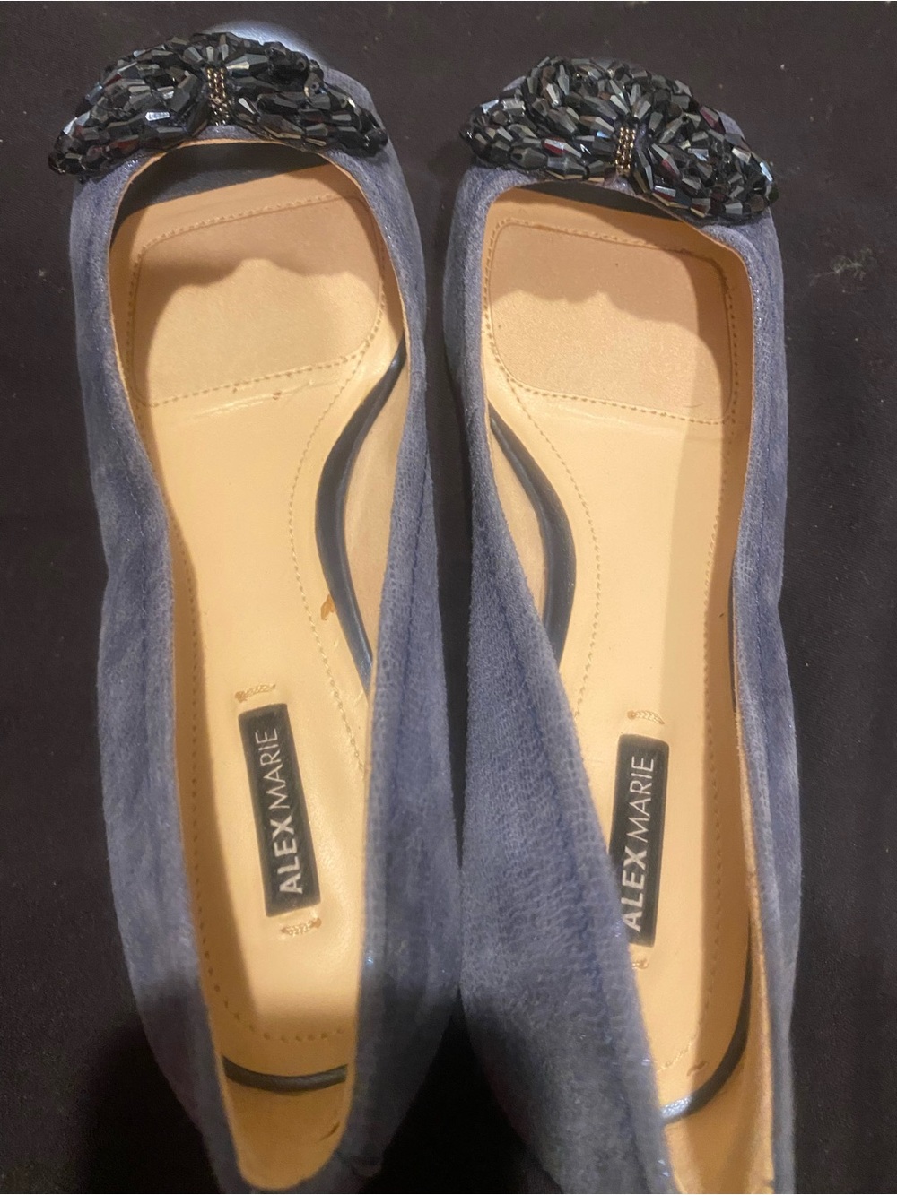 Alex Marie Slate Blue Suede Flats with Beaded Bow